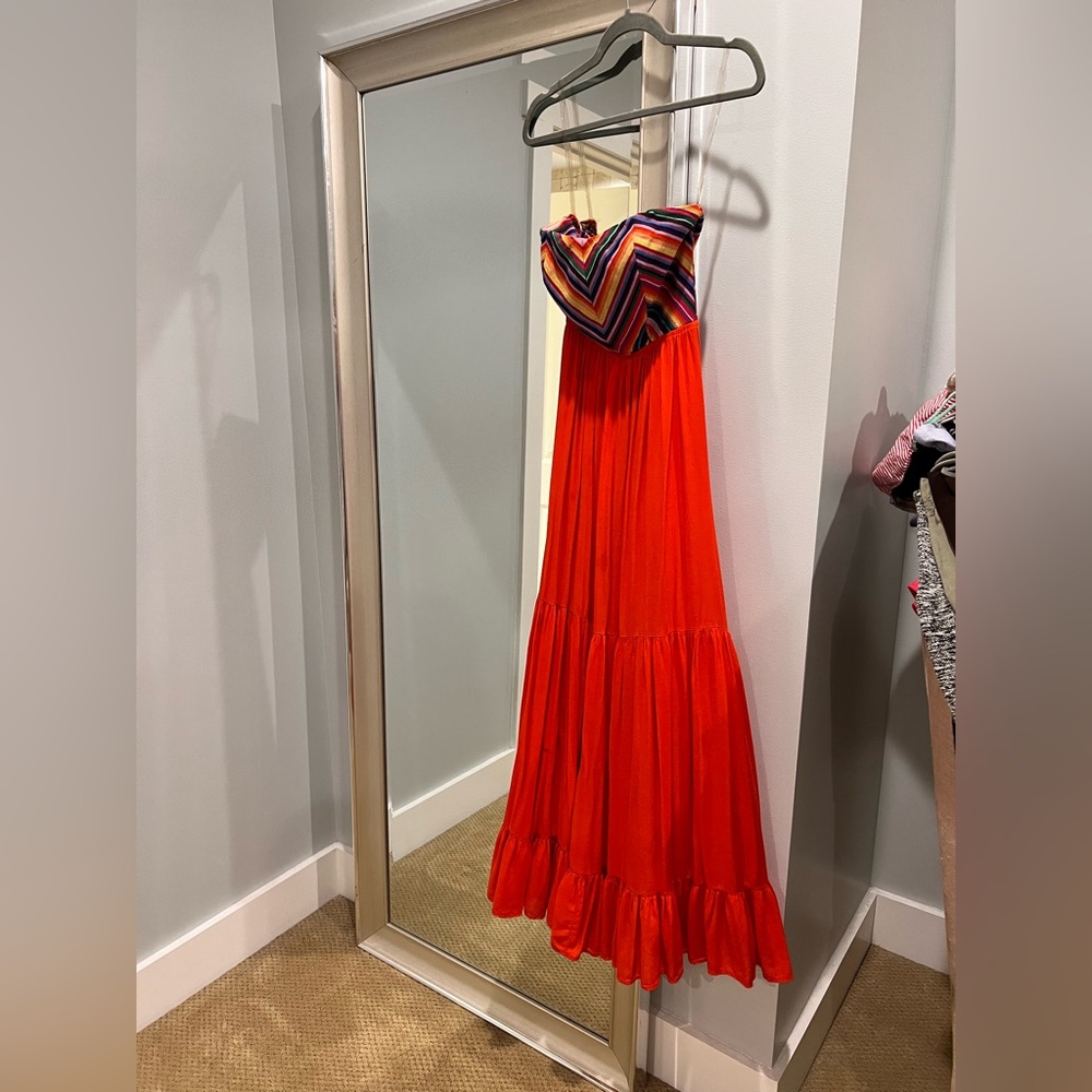 Rich Red-Orange Maxi Dress With Rainbow Bust, Size M